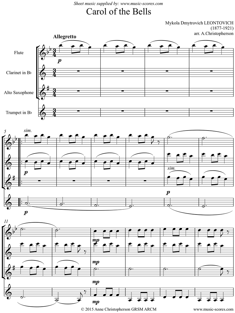 Front page of Carol of the Bells - Flute, Clarinet, Alto Sax, Trumpet sheet music