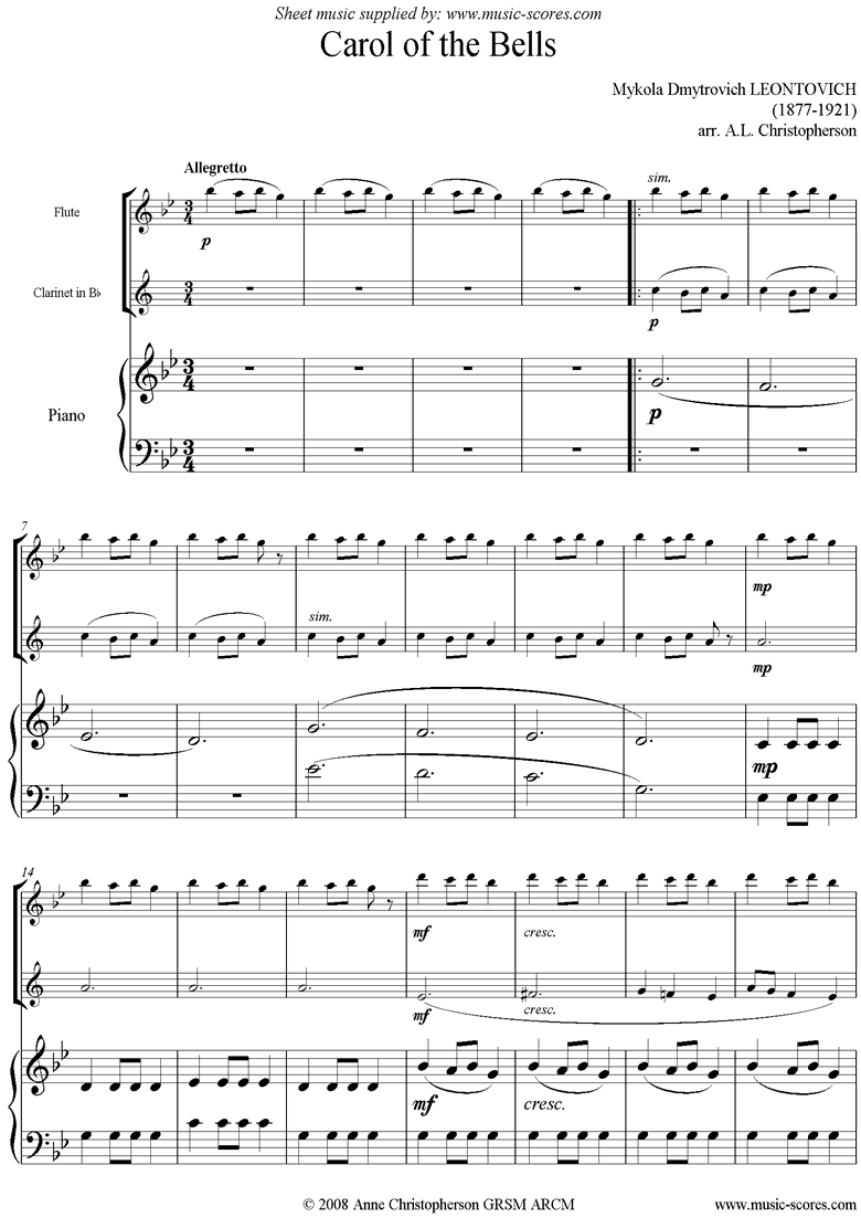 Front page of Carol of the Bells - Flute, Clarinet, Piano sheet music