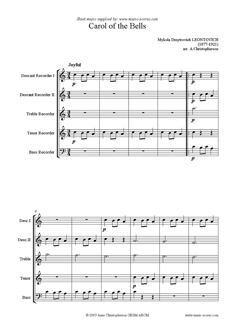 Front page of Carol of the Bells - Recorder Ensemble sheet music