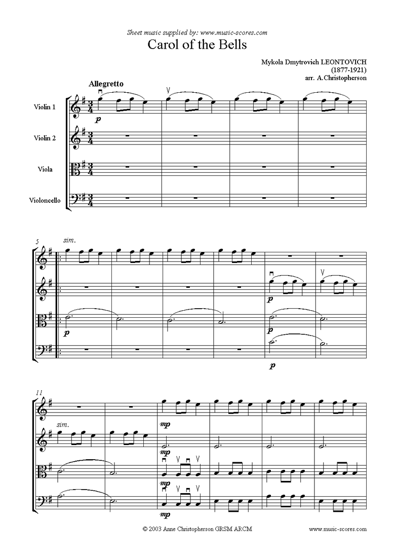 Front page of Carol of the Bells - String Quartet sheet music