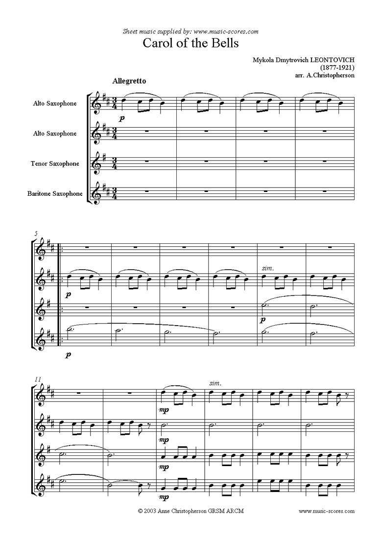 Front page of Carol of the Bells - Saxophone Quartet sheet music