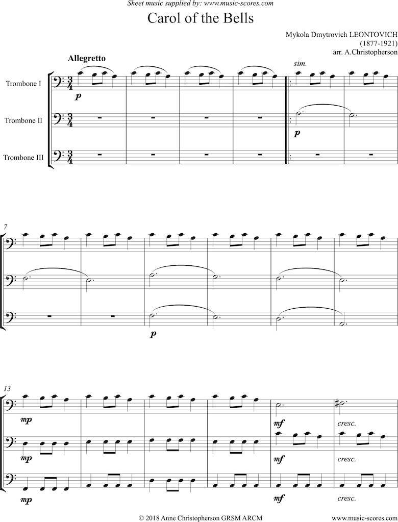 Front page of Carol of the Bells - 3 Trombones sheet music
