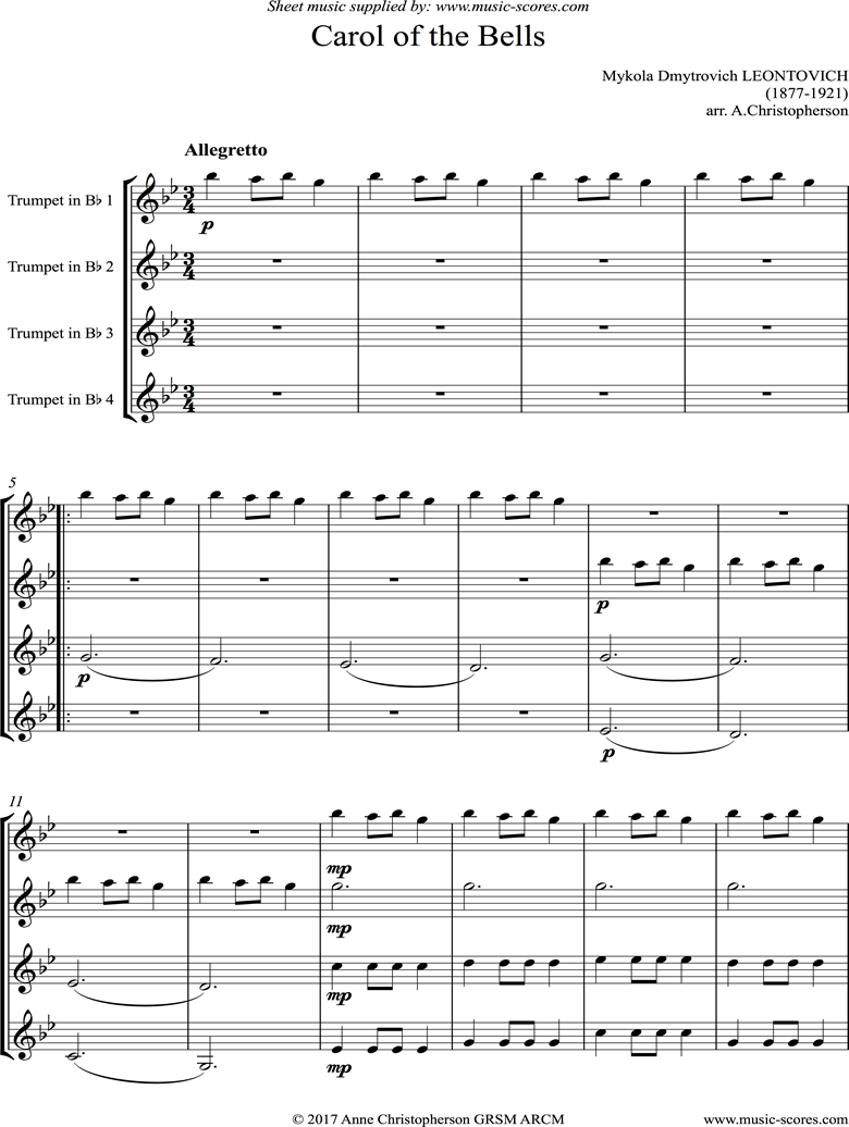 Front page of Carol of the Bells - 4 Trumpets sheet music