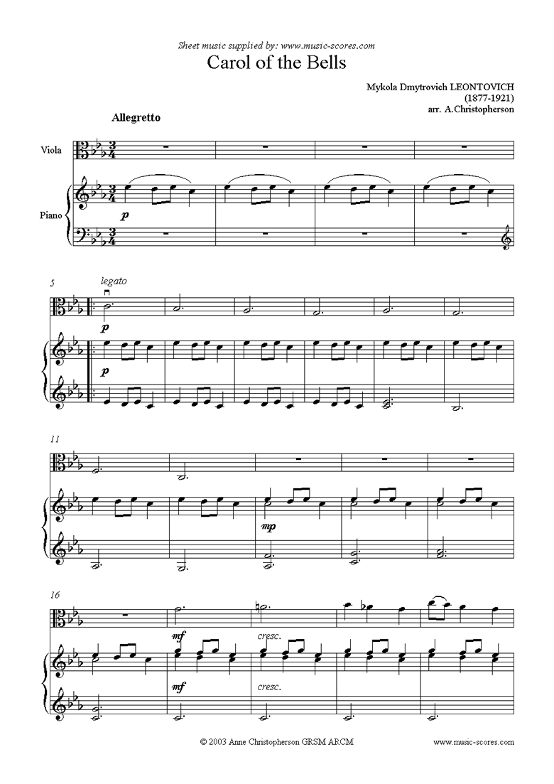 Front page of Carol of the Bells - Viola sheet music