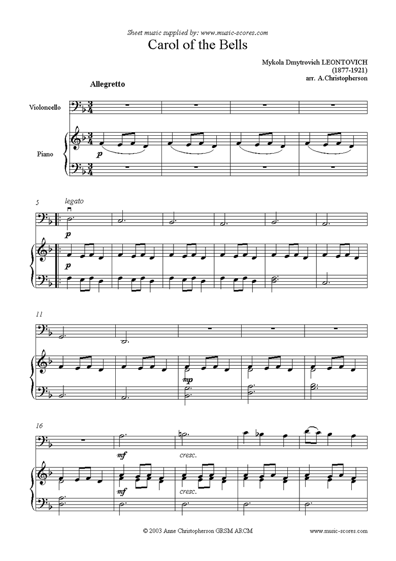 Front page of Carol of the Bells - Cello sheet music