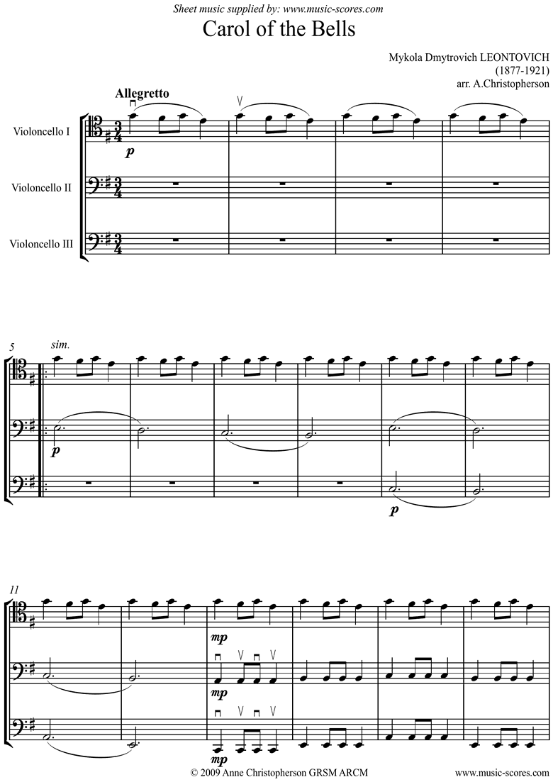 Front page of Carol of the Bells - 3 Cellos: high sheet music