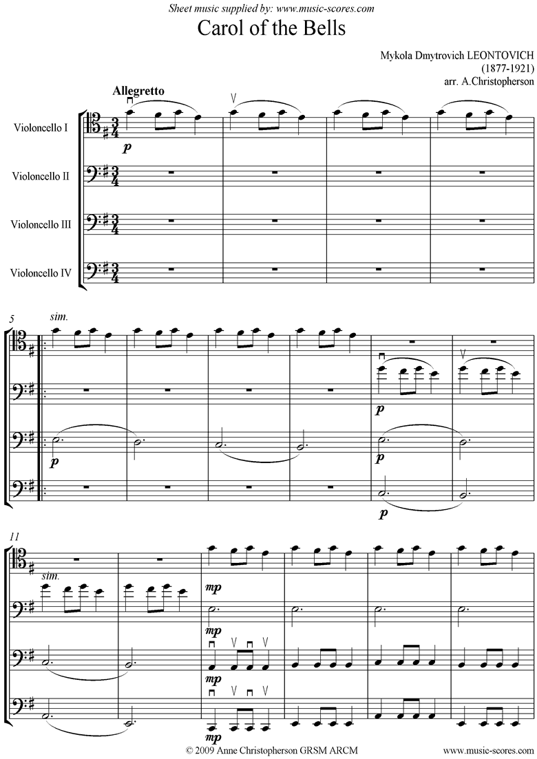 Front page of Carol of the Bells - 4 Cellos sheet music