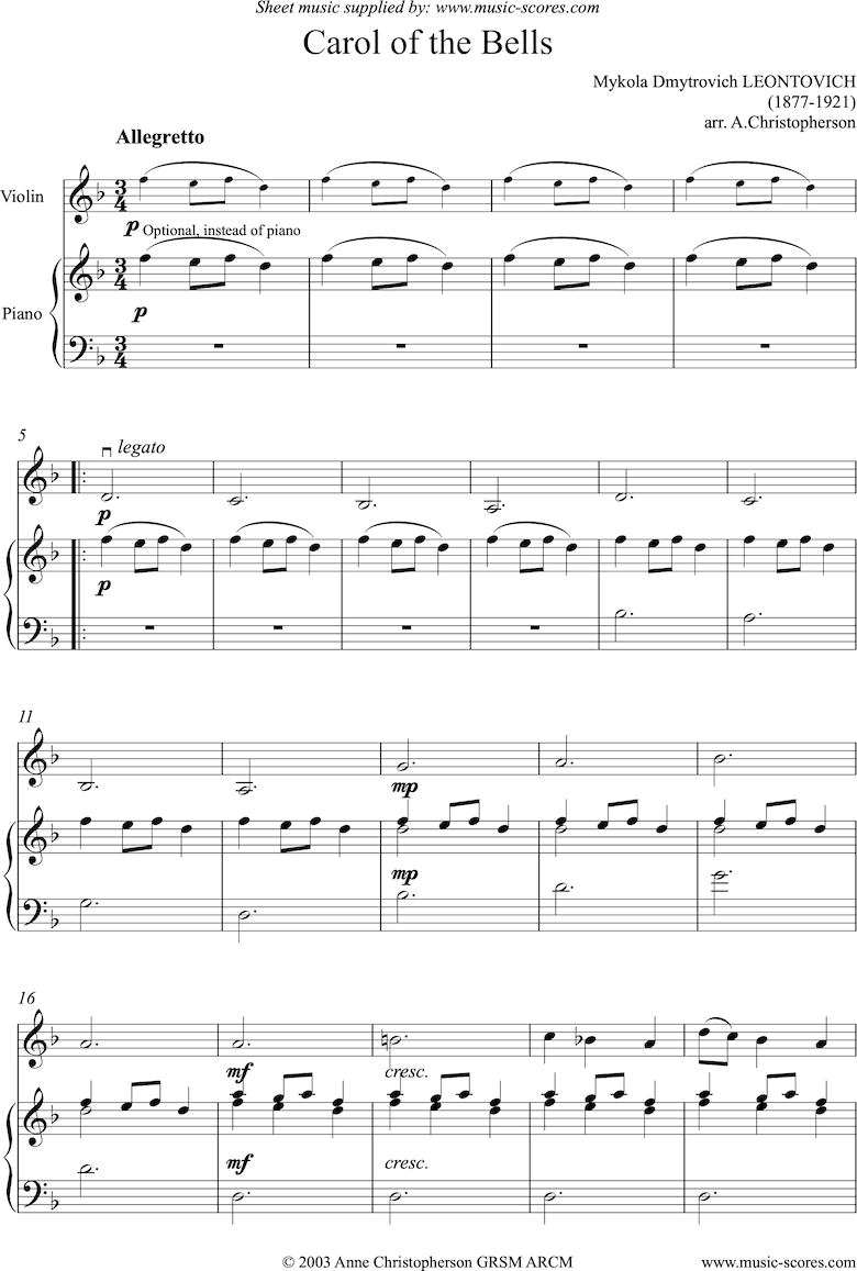Front page of Carol of the Bells - Violin sheet music
