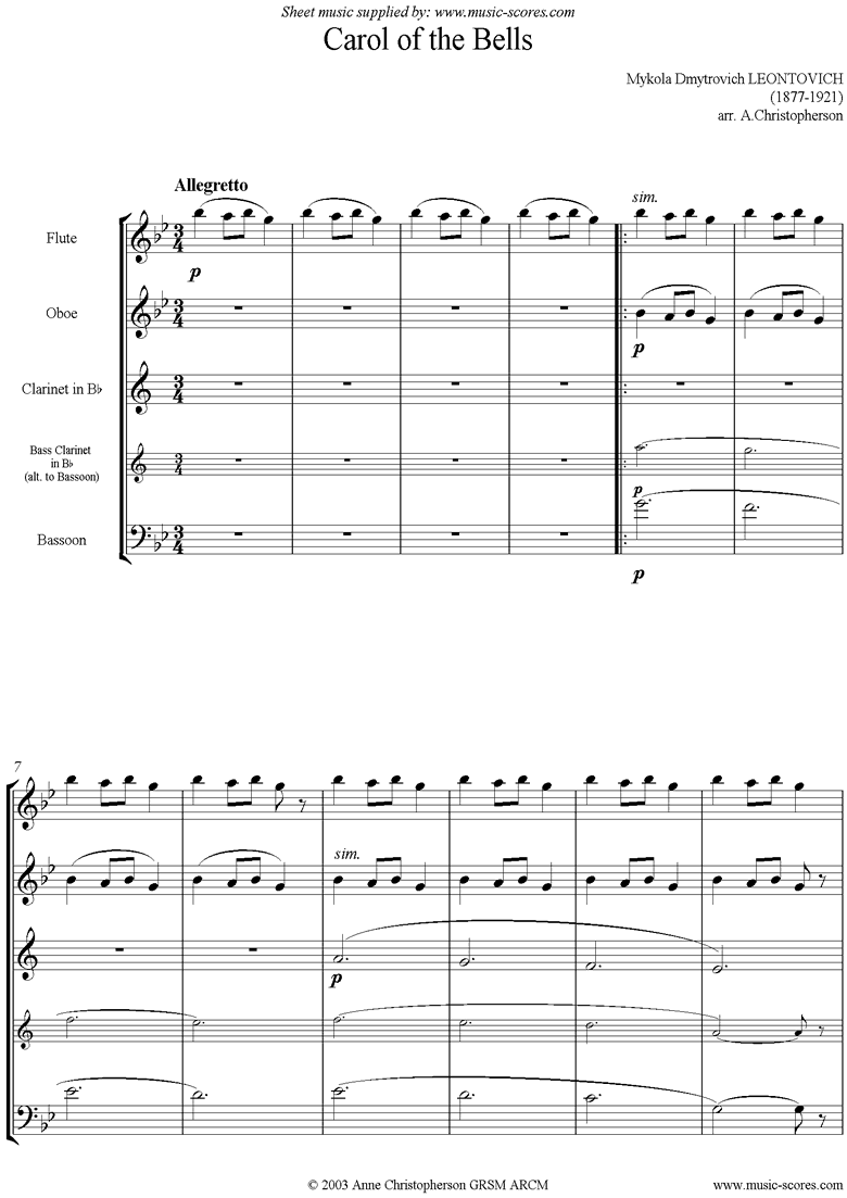 Front page of Carol of the Bells - Wind Quartet sheet music