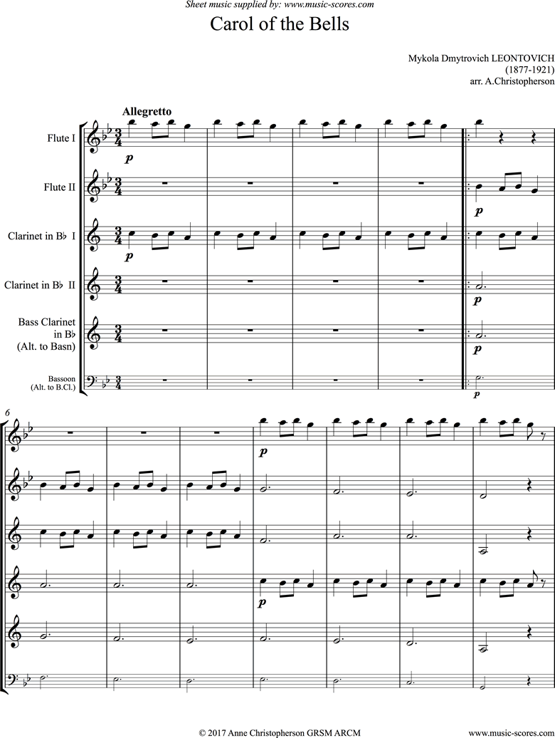 Front page of Carol of the Bells - Wind Quintet sheet music