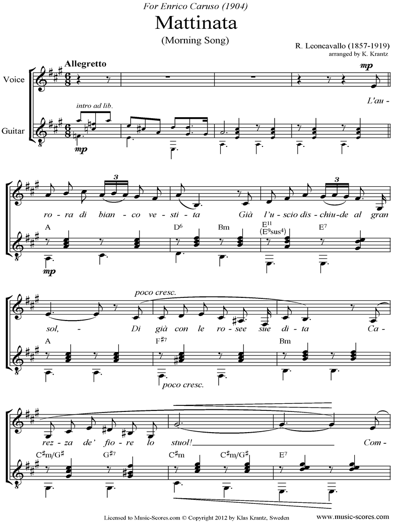 Front page of Mattinata: Voice, Guitar: A ma sheet music