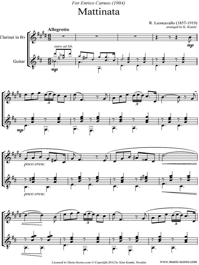 Front page of Mattinata: Clarinet, Guitar sheet music