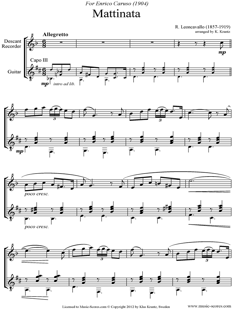 Front page of Mattinata: Descant Recorder, Guitar sheet music