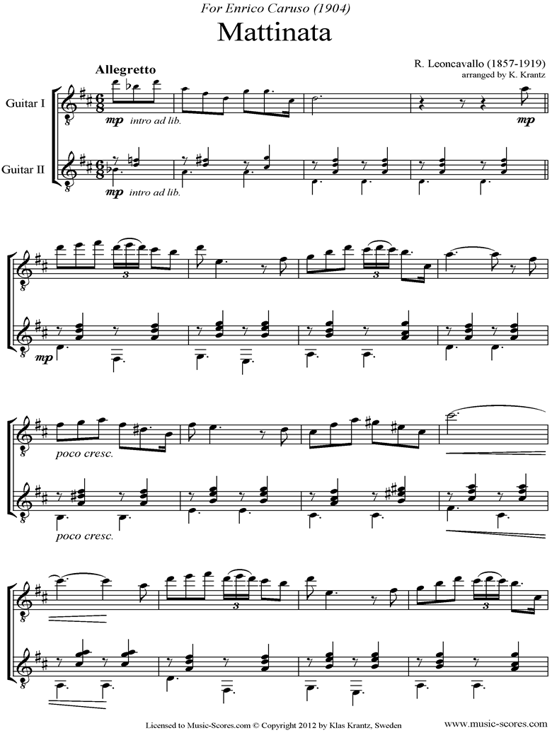 Front page of Mattinata: Guitar Duet sheet music