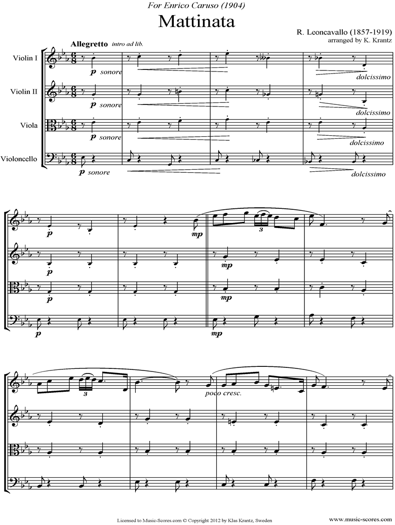 Front page of Mattinata: String Quartet sheet music