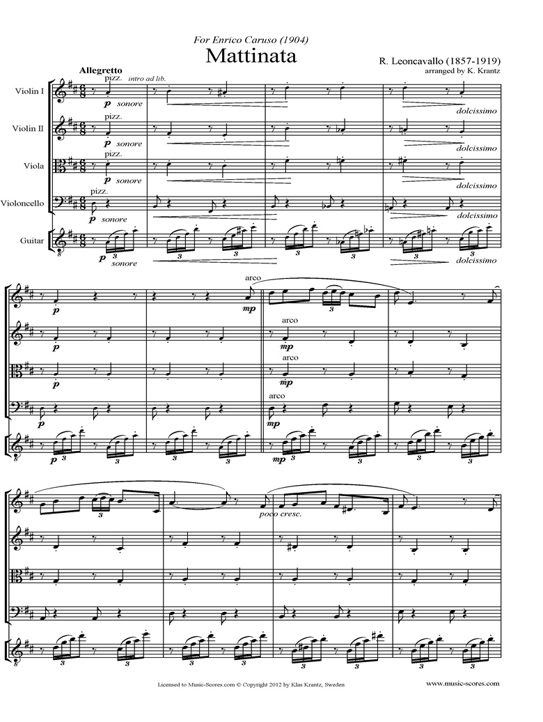 Front page of Mattinata: String Quartet, Guitar sheet music