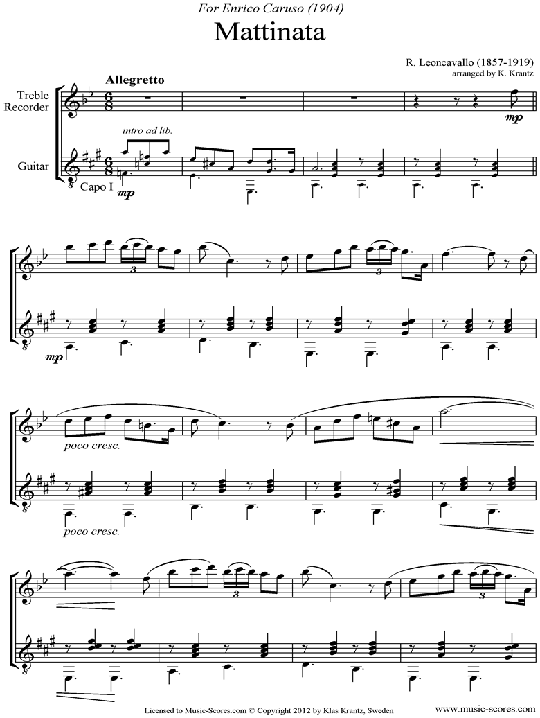 Front page of Mattinata: Treble Recorder, Guitar sheet music