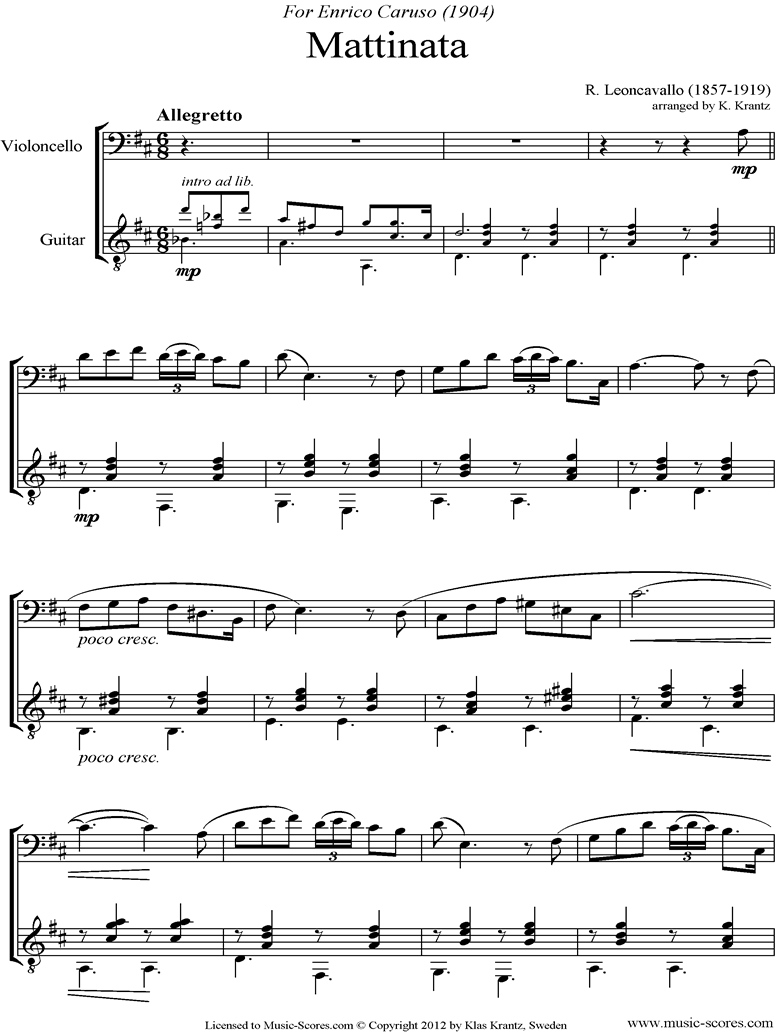 Front page of Mattinata: Cello, Guitar sheet music