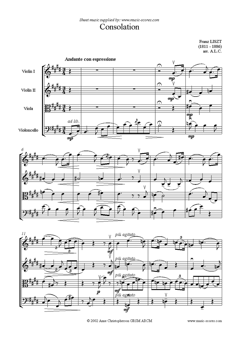 Front page of Consolation in E: String Quartet sheet music