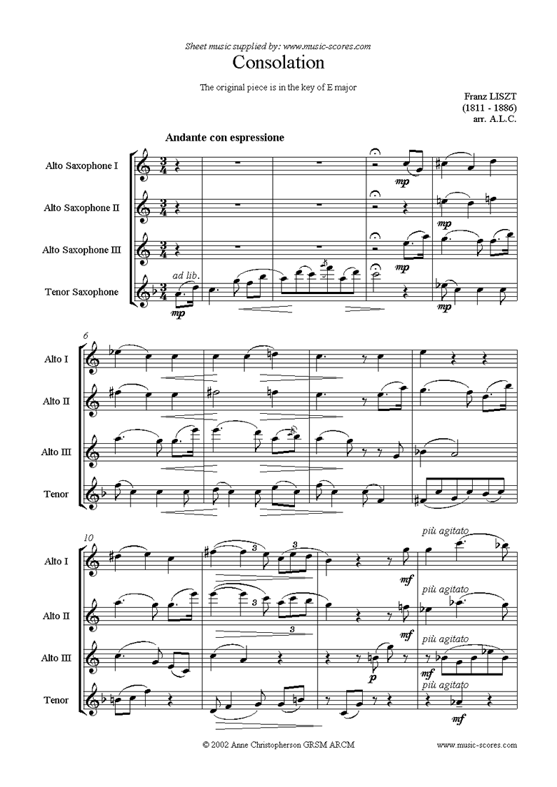Front page of Consolation in E: 3 Alto Saxes, Tenor Sax sheet music