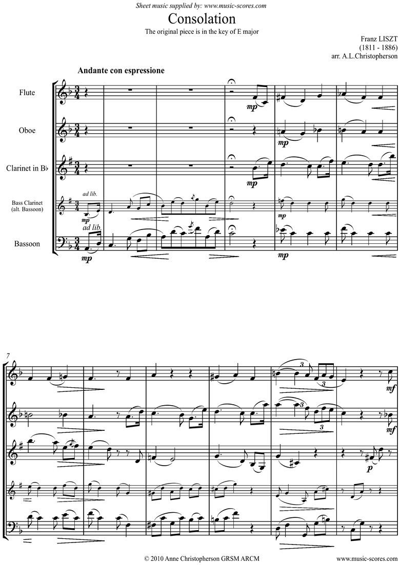 Front page of Consolation in E: Wind Quartet sheet music