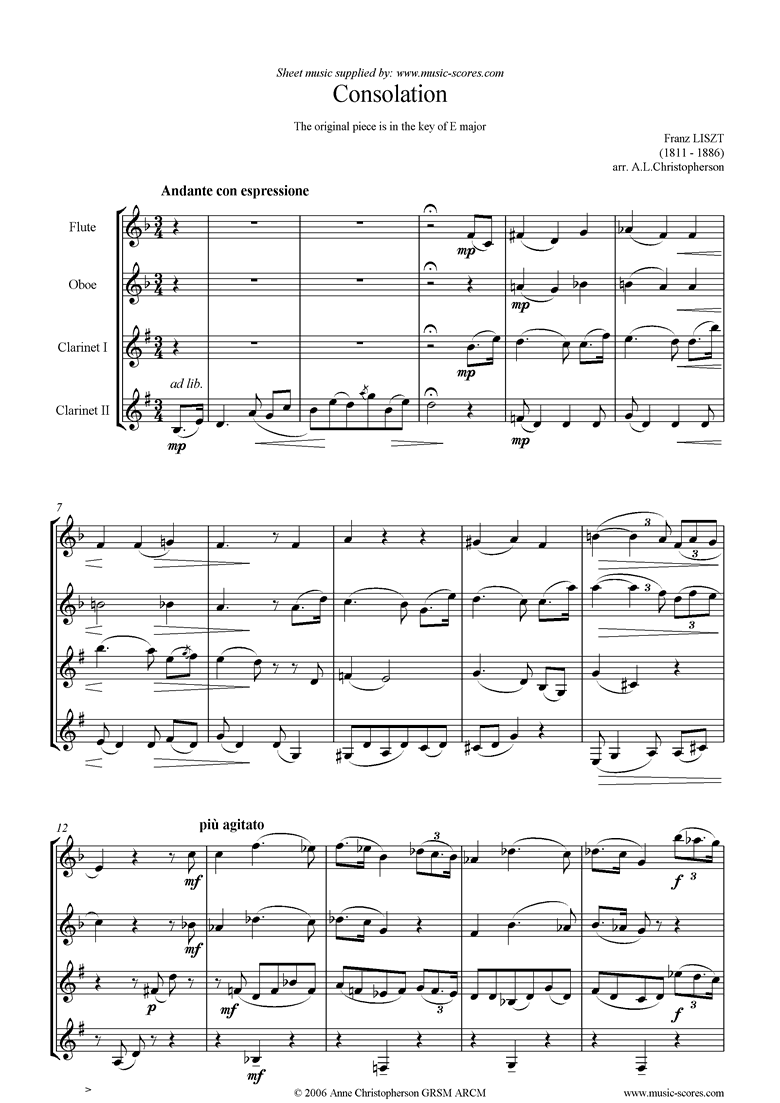 Front page of Consolation in E: Flute, Oboe, 2 Clarinets sheet music