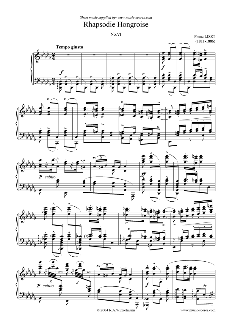 Front page of Hungarian Rhapsody No.06 sheet music