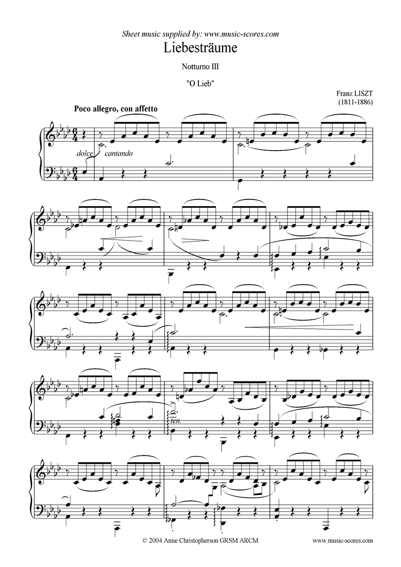 Front page of Liebestraume: Notturno 3, O Lieb sheet music