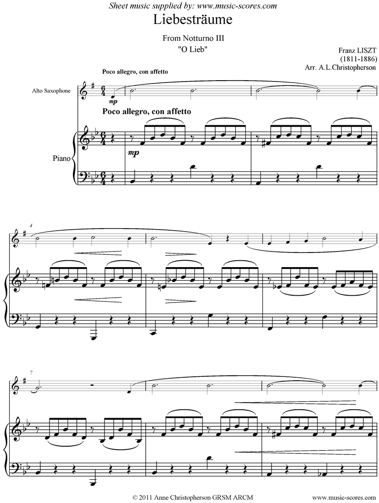 Front page of Liebestraume: Notturno 3, O Lieb: Alto Sax, Piano sheet music