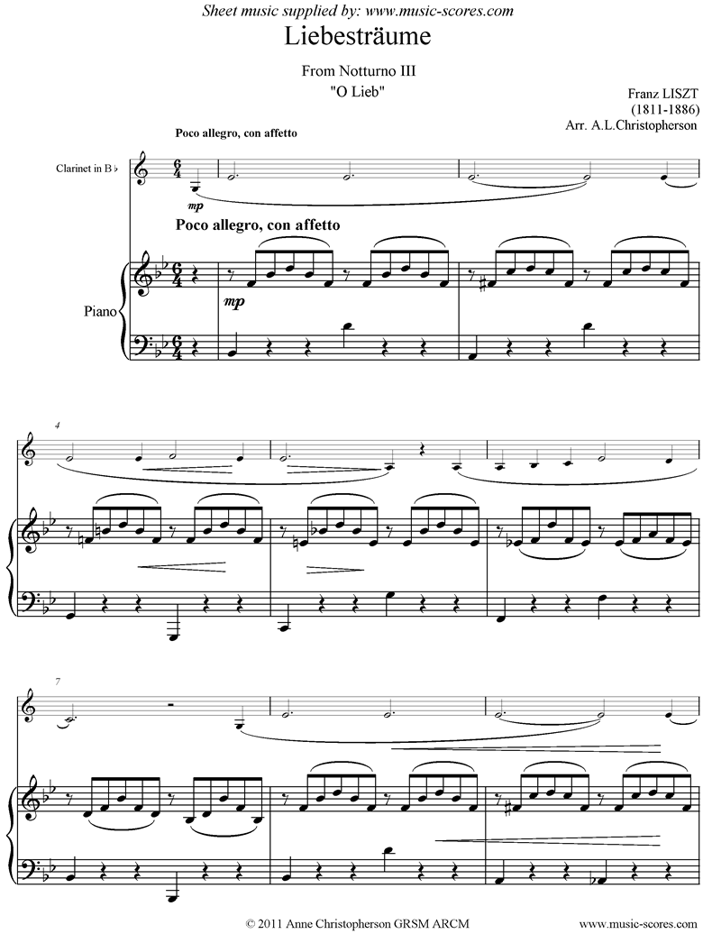 Front page of Liebestraume: Notturno 3, O Lieb: Clarinet, Piano sheet music
