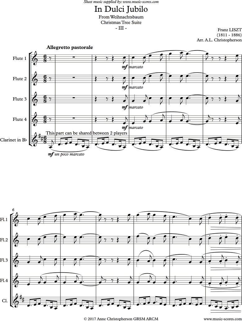 Front page of Weihnachtsbaum: In Dulci Jubilo. 4 Flutes and Clarinet sheet music