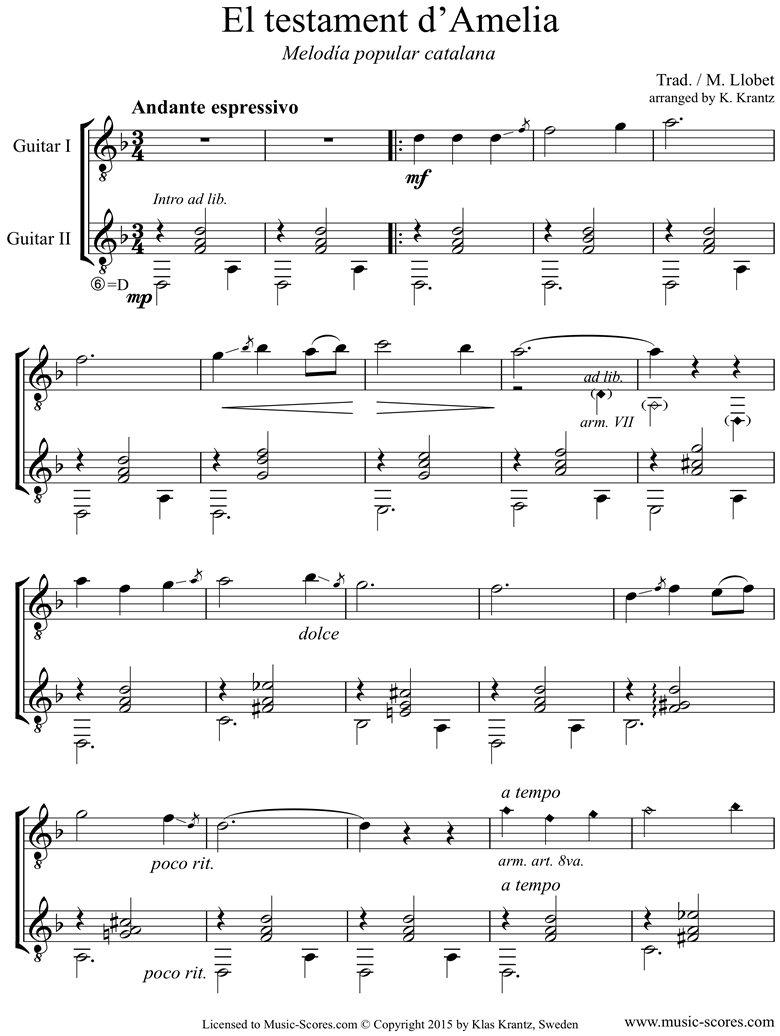 Front page of El Testament d Amelia: 2 Guitars sheet music