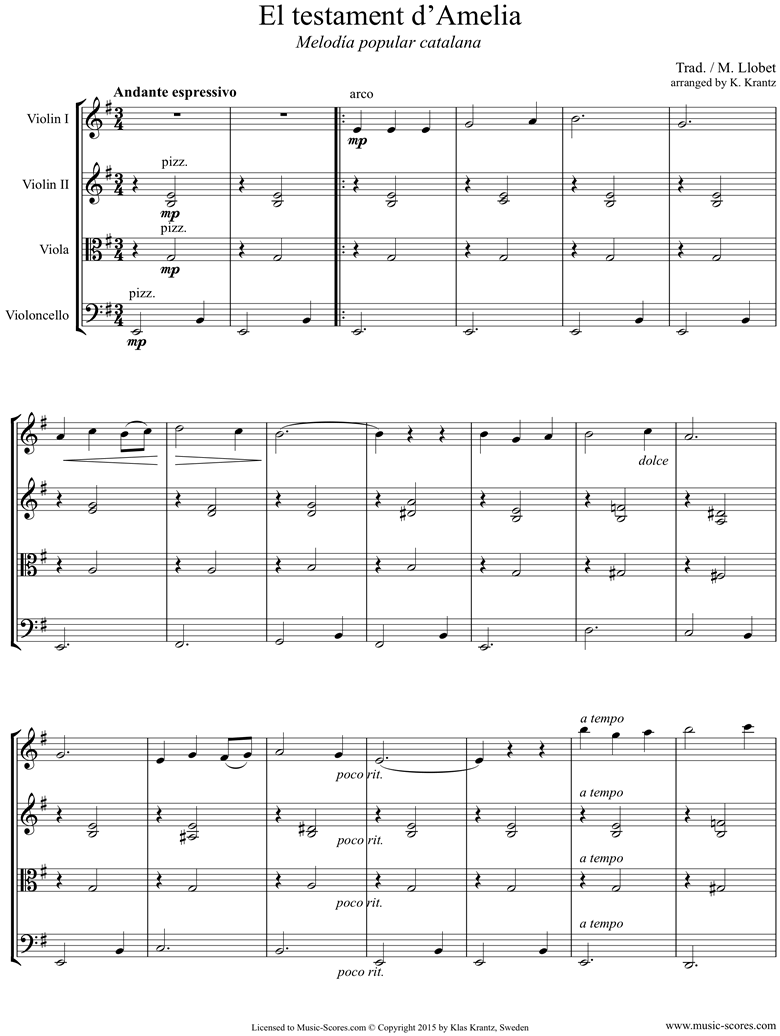Front page of El Testament d Amelia: String 4 sheet music