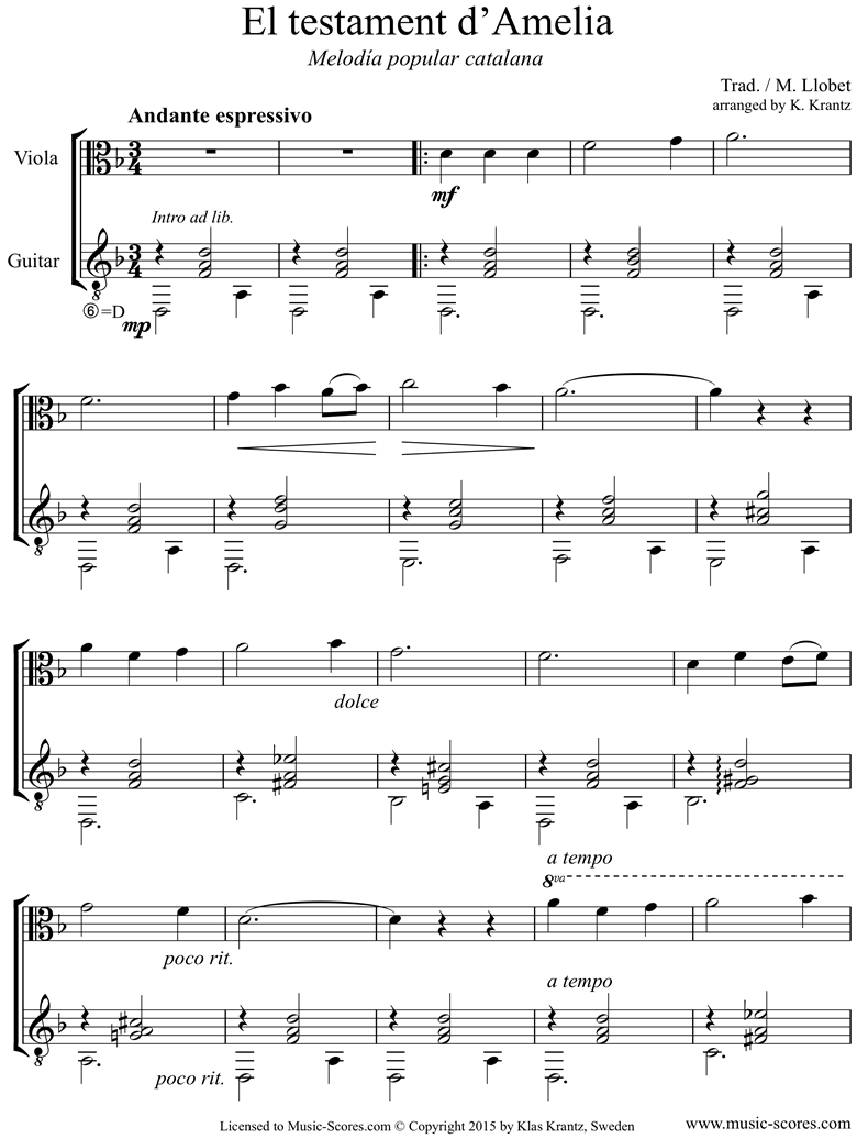 Front page of El Testament d Amelia: Viola, Guitar sheet music