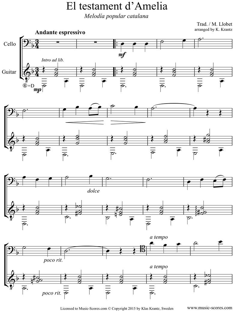 Front page of El Testament d Amelia: Cello, Guitar sheet music