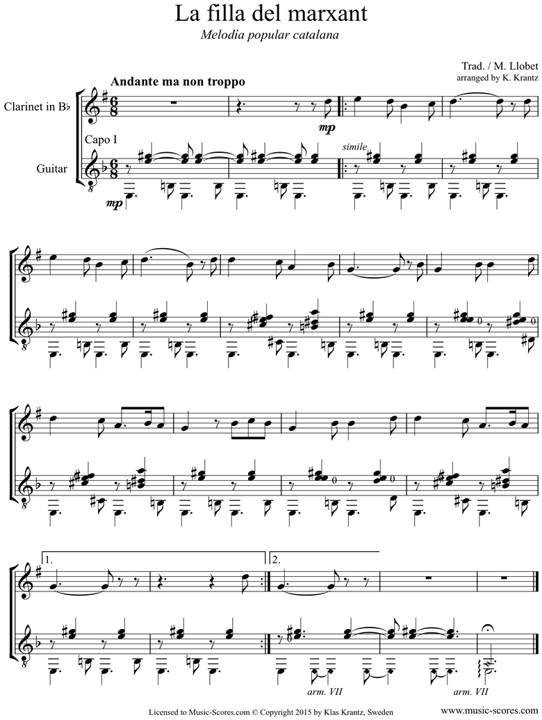 Front page of La Filla del Marxant: Clarinet, Guitar sheet music