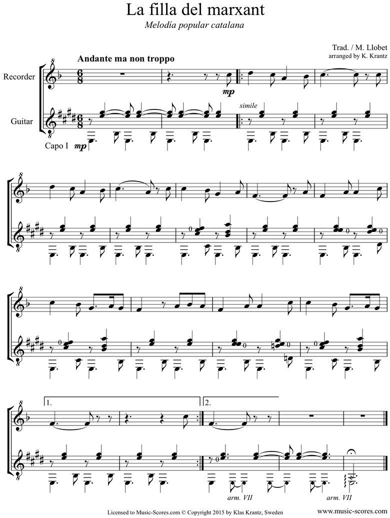 Front page of La Filla del Marxant: Recorder, Guitar sheet music