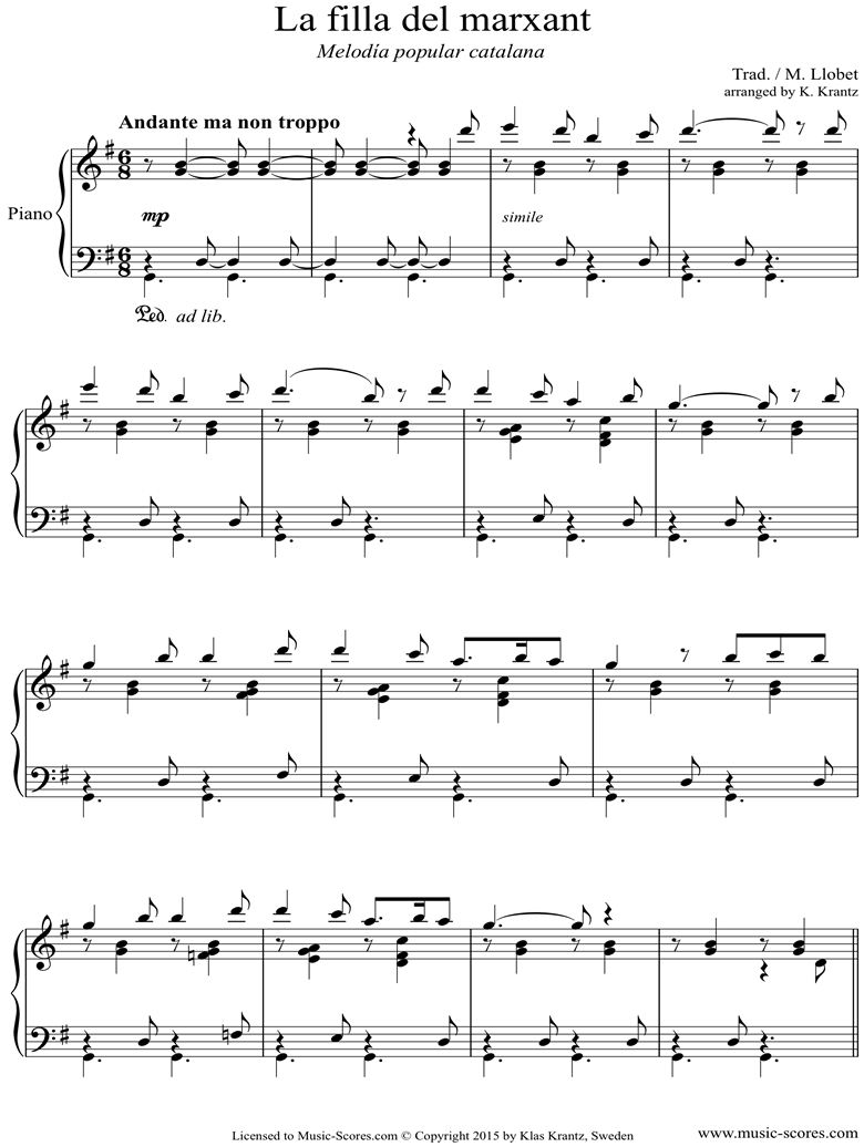 Front page of La Filla del Marxant: Piano sheet music