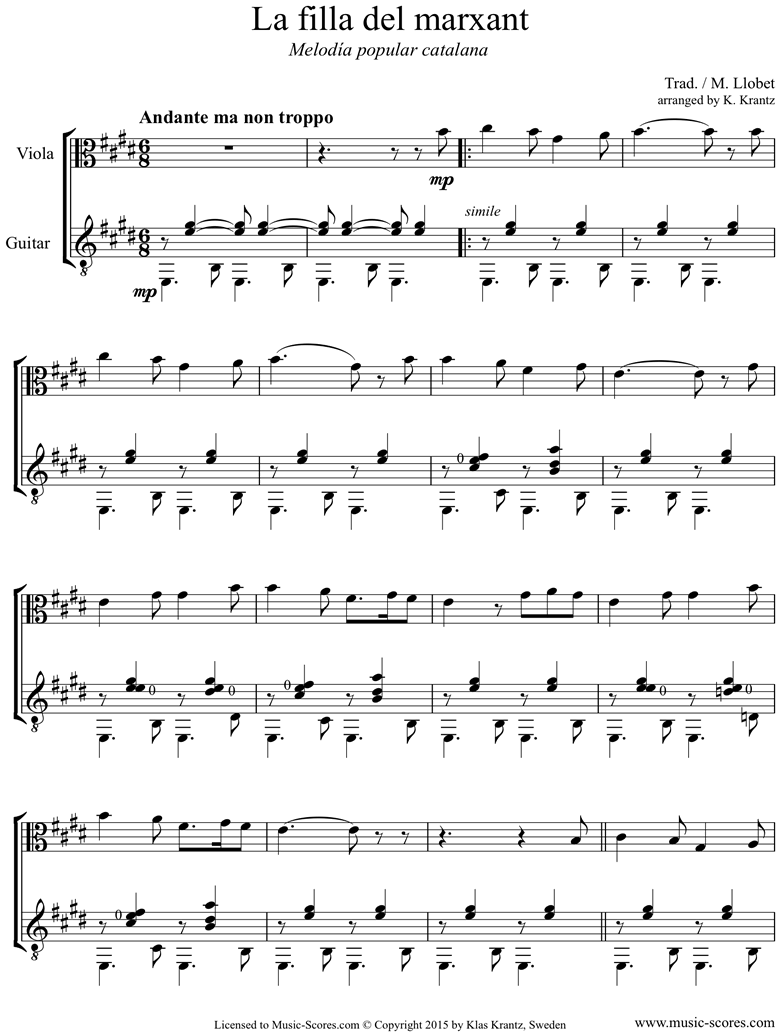 Front page of La Filla del Marxant: Viola, Guitar sheet music