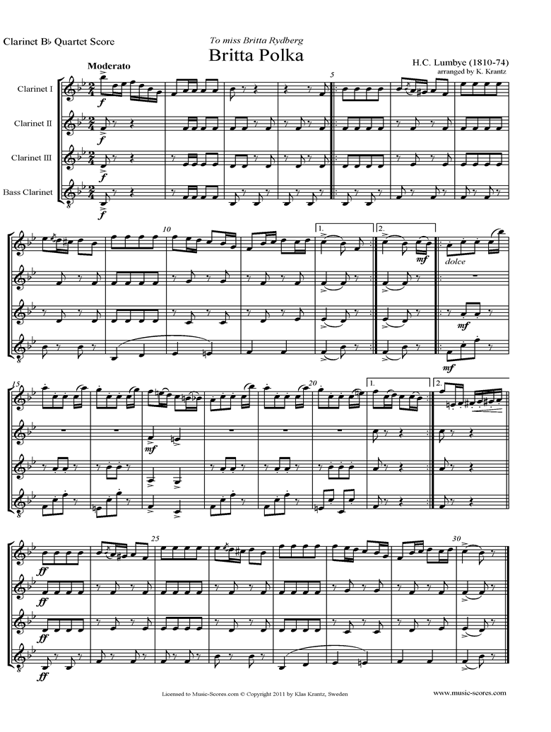 Front page of Britta Polka: 3 Clarinets and Bass Clarinet sheet music