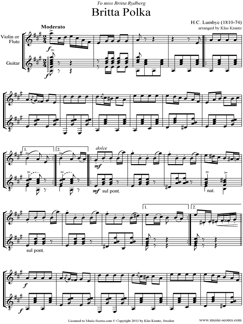 Front page of Britta Polka: Violin and Guitar sheet music