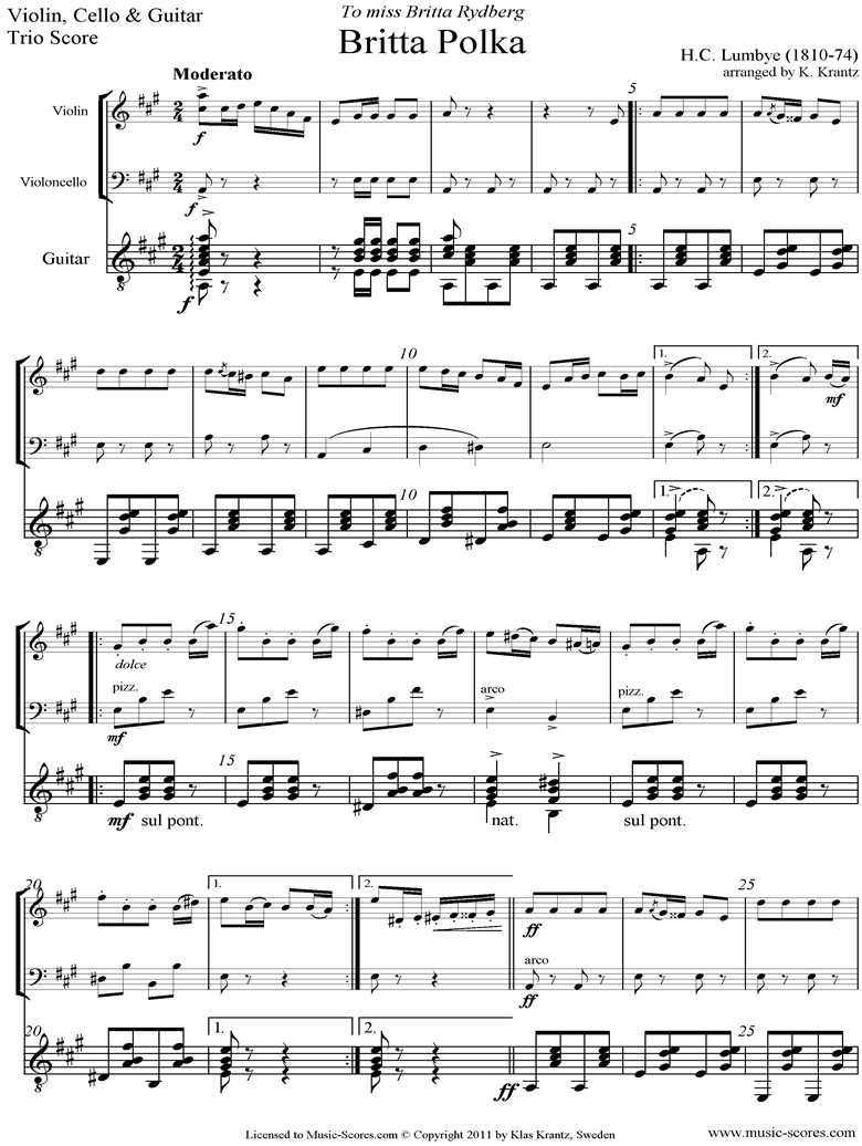 Front page of Britta Polka: Violin, Cello and Guitar sheet music