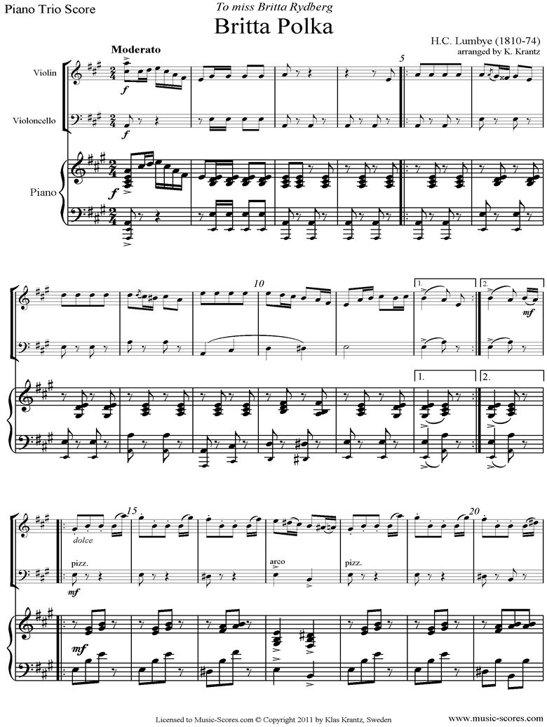 Front page of Britta Polka: Piano Trio: Violin, Cello, Piano sheet music