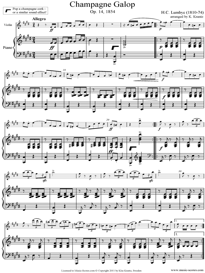 Front page of Champagne Galop: Violin and Piano sheet music