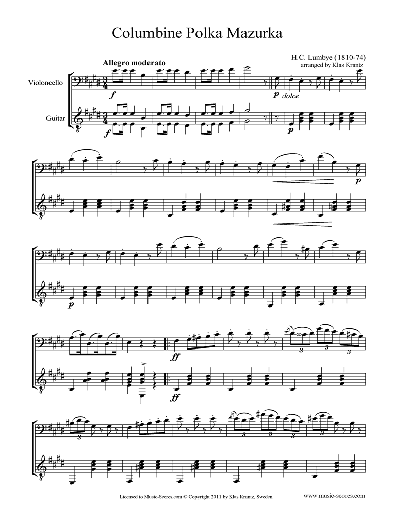 Front page of Colombine Polka Mazurka: Cello, Guitar sheet music
