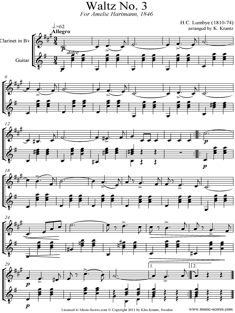 Front page of Waltz No.3: Clarinet and Guitar sheet music