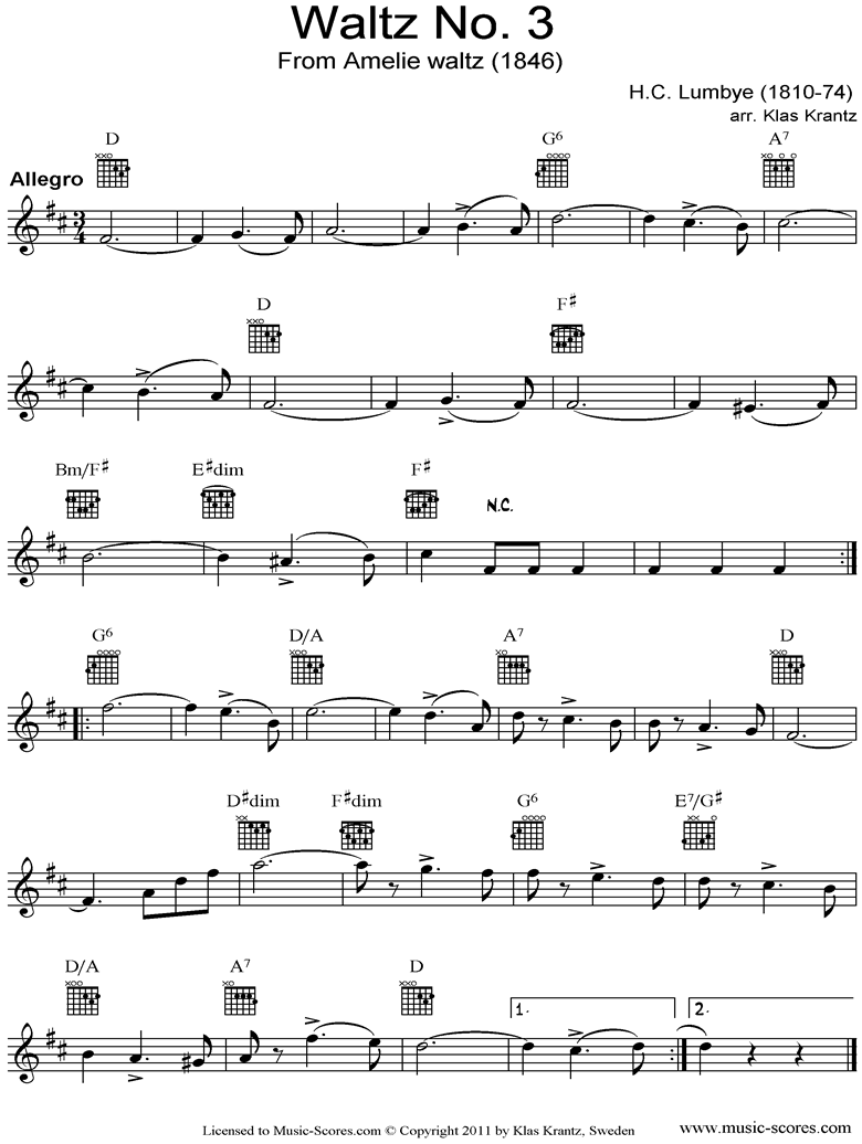 Front page of Waltz No.3: Flute and Guitar tabs sheet music