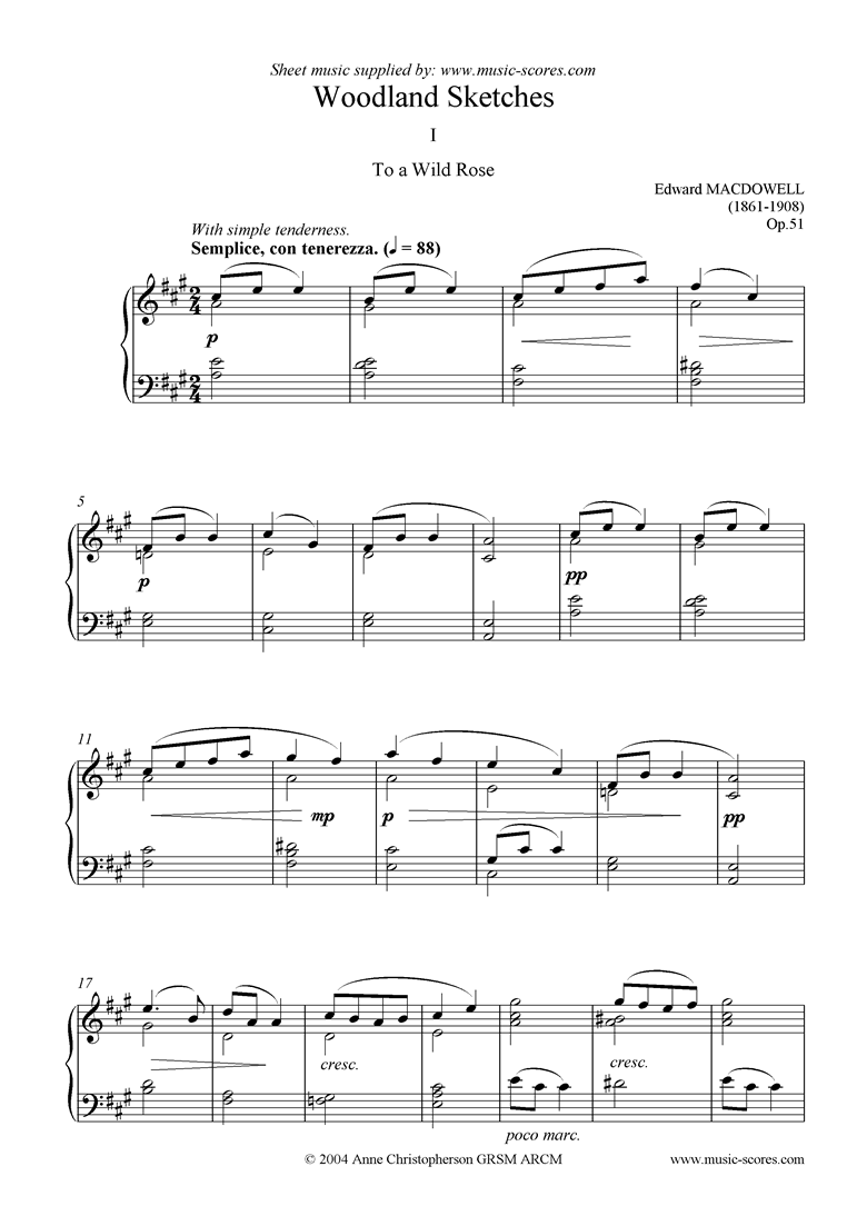 Front page of Woodland Sketches: Op.51, No.1: To a Wild Rose sheet music