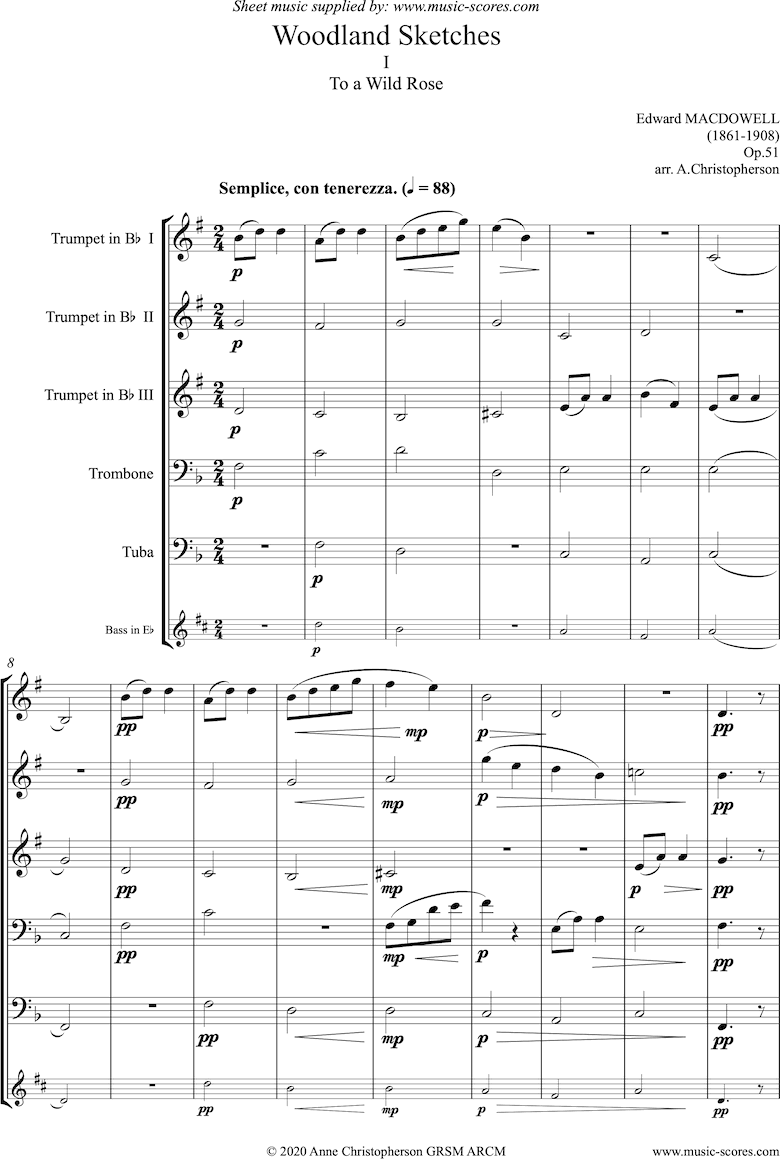 To a Wild Rose: 3 Trumpets, Trombone, tuba or Eb Bass by MacDowell