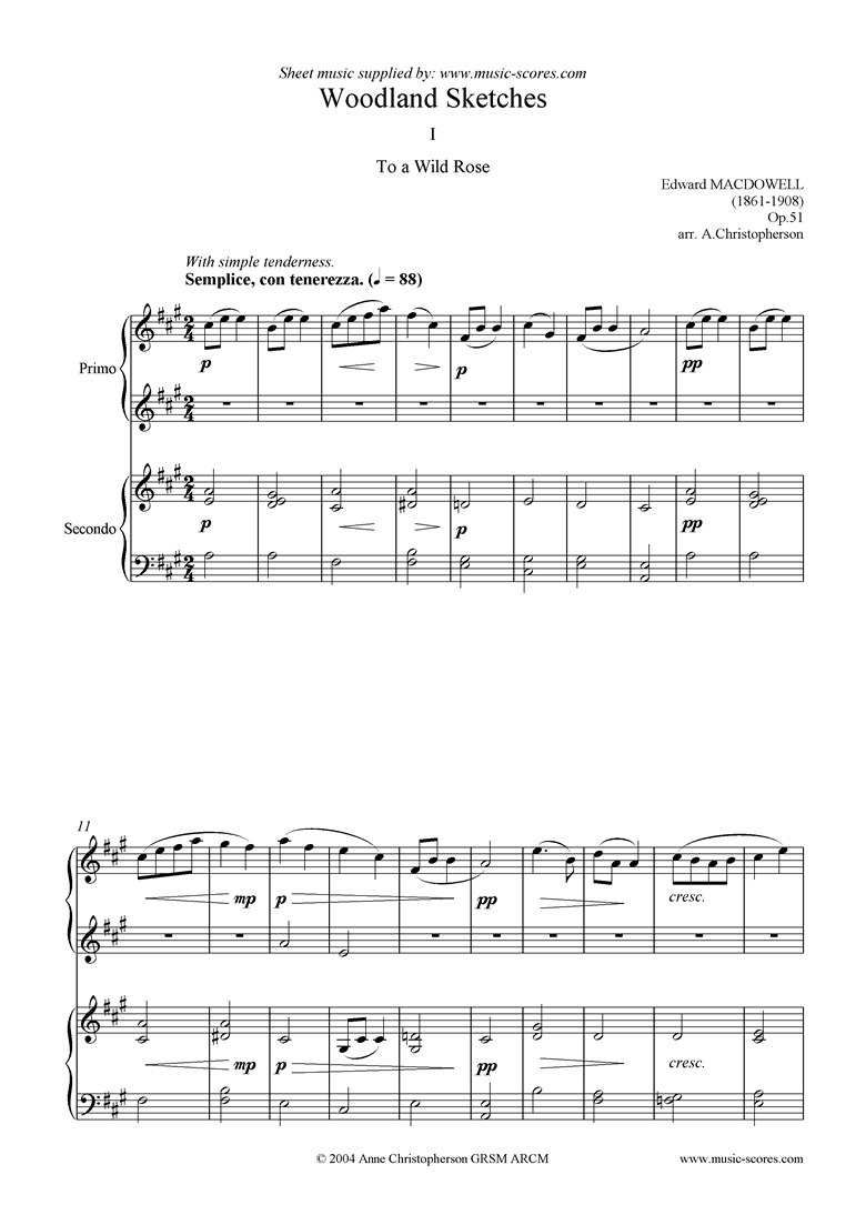 Front page of To a Wild Rose: piano duet sheet music